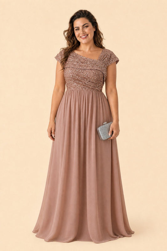 Asymmetrical Neck Evening Gown with Sequin Accent for Bridesmaids and Formal Events