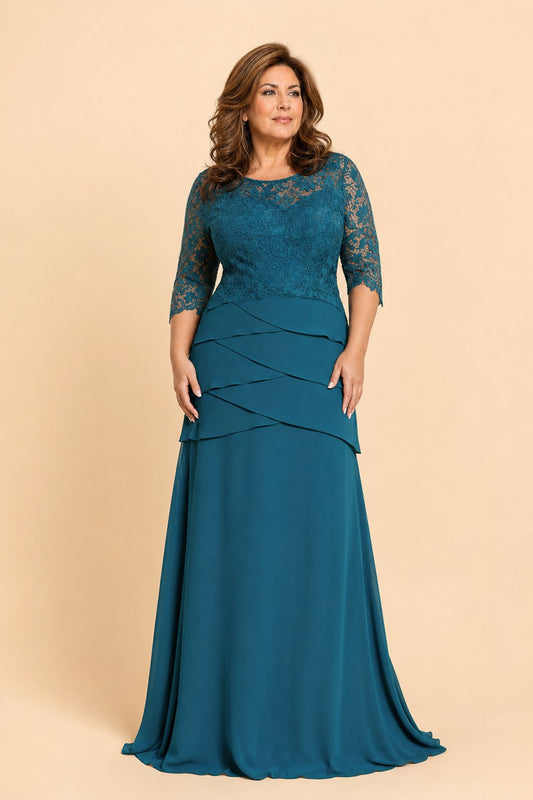 Elegant Evening Gown with Lace Patchwork and Tiered A-Line Silhouette