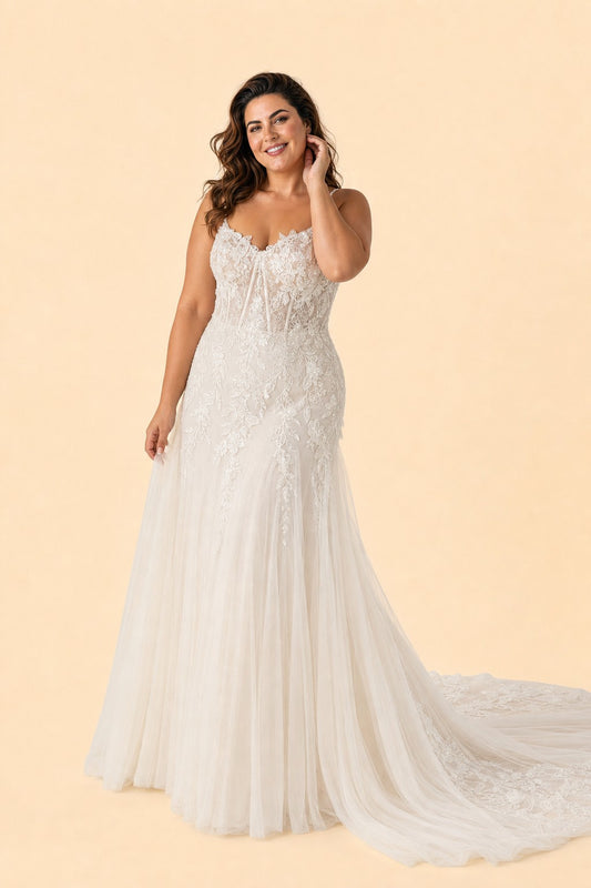 Luxury Spaghetti Strap Bridal Dress Tulle Lace Applique for Wedding Ceremony