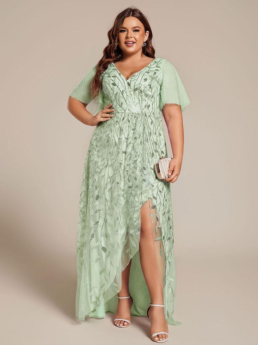 Plus Size Short Sleeves Sequin High Low V-Neck Midi Formal Evening Dress