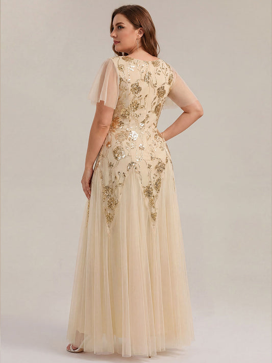 Plus Size Floral Embroidered Sequin Ruffle Sleeve Tulle Evening Dress