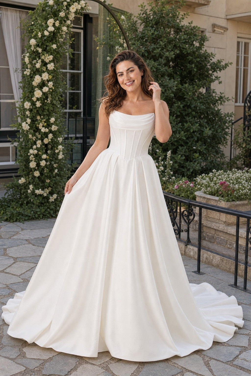 Romantic Timeless Plus Size Bridal Gown with Ruched Bodice and Basque Waistline
