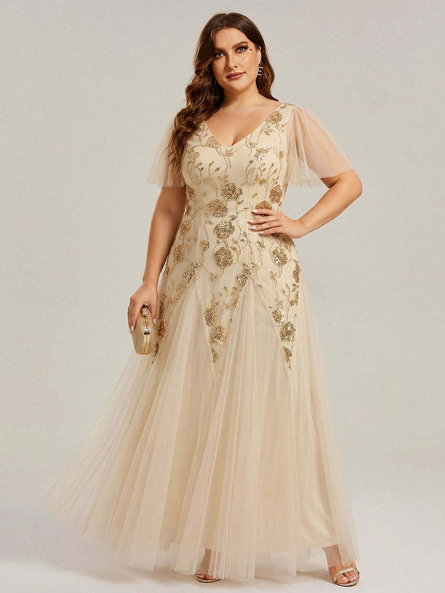Plus Size Floral Embroidered Sequin Ruffle Sleeve Tulle Evening Dress