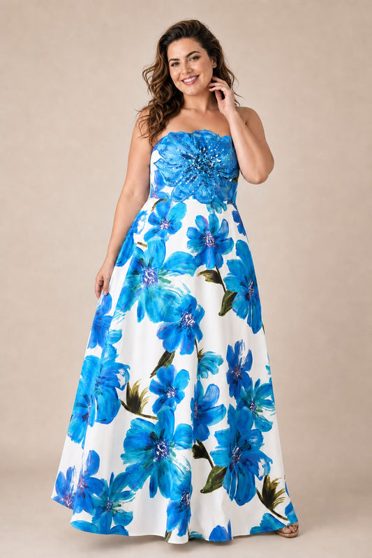 Plus Size Strapless Floral Beaded Evening Gown in Ivory Blue for Weddings and Formal Events