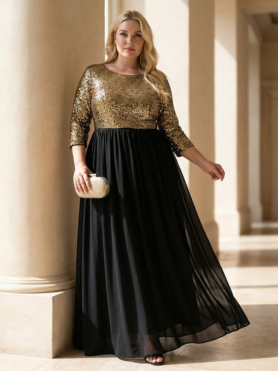 Plus Size Sequin 3/4 Sleeves Evening Dress