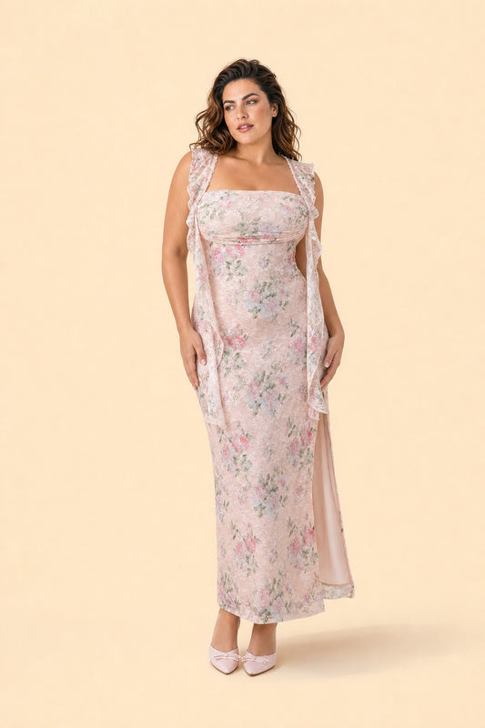 Elegant Plus Size Bridesmaid Dress Floral Lace Ruffle Slit Backless Maxi Gown Romantic Guest Dress