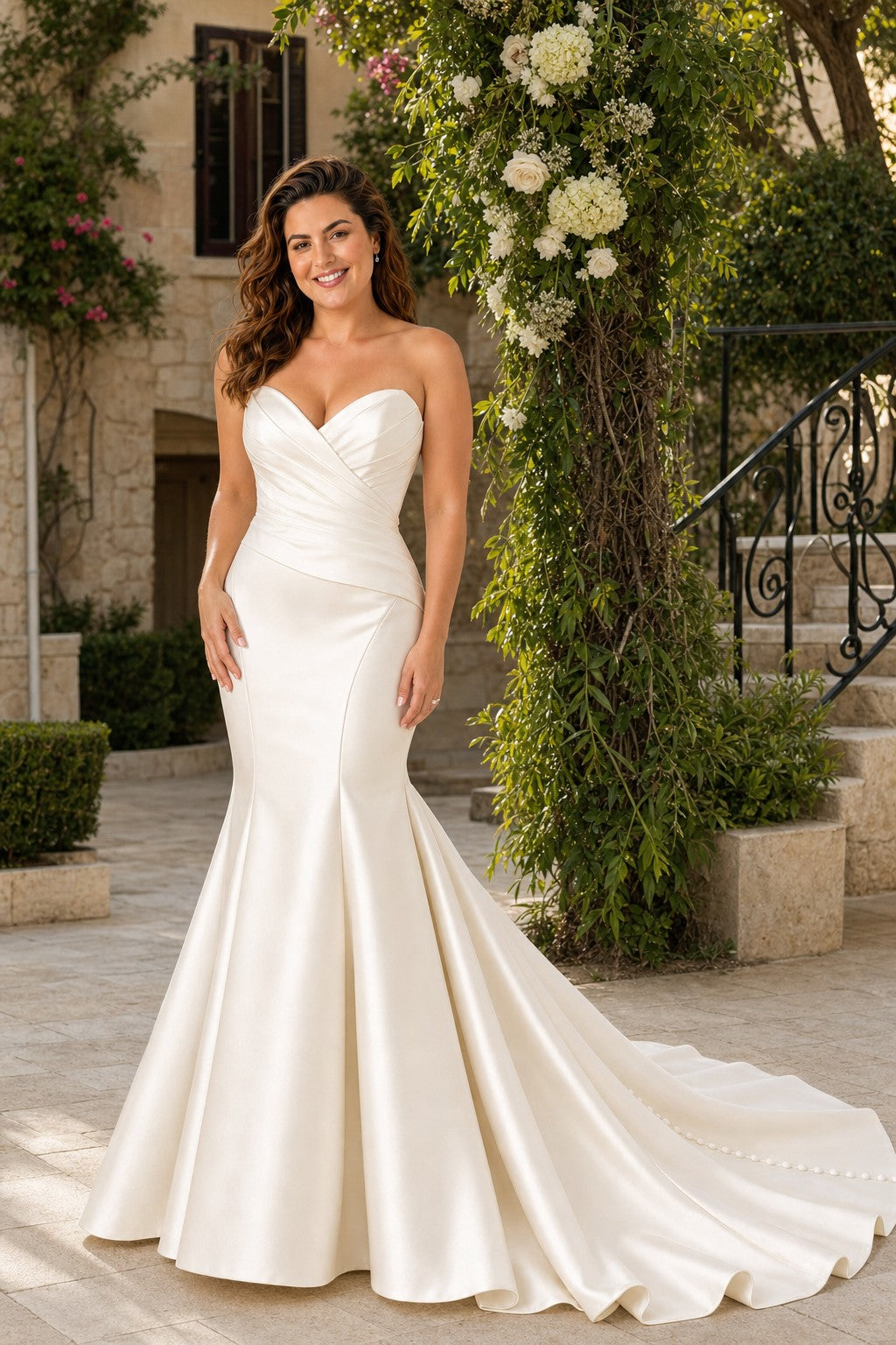Plus Size Timeless Strapless Bridal Dress with Pleated Waist and Flowing Train