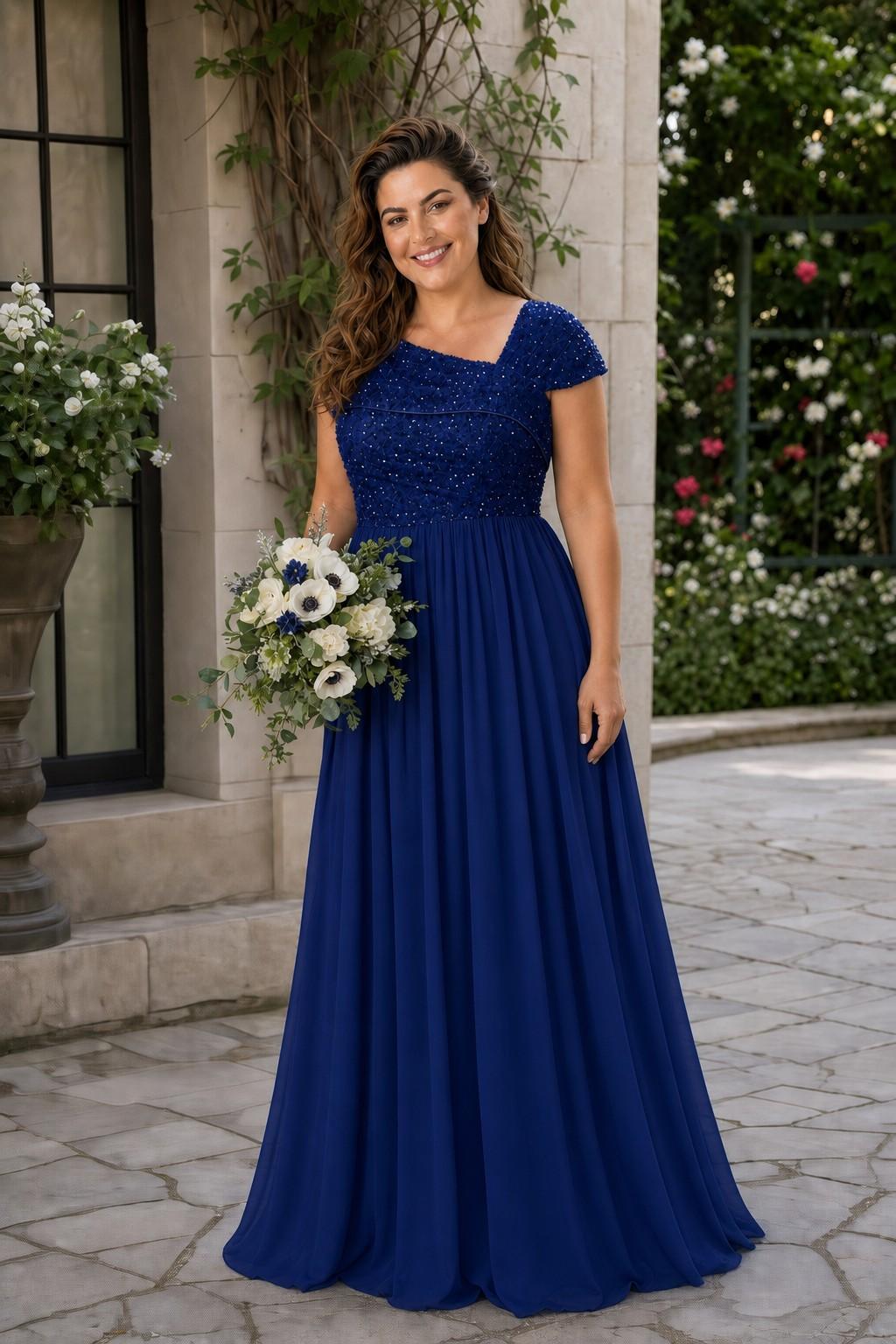 Asymmetrical Neck Evening Gown with Sequin Accent for Bridesmaids and Formal Events