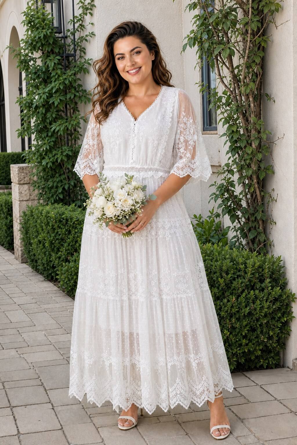 Plus Size Lace Wedding Bridal Gown with A-Line Tulle Skirt and V Neck
