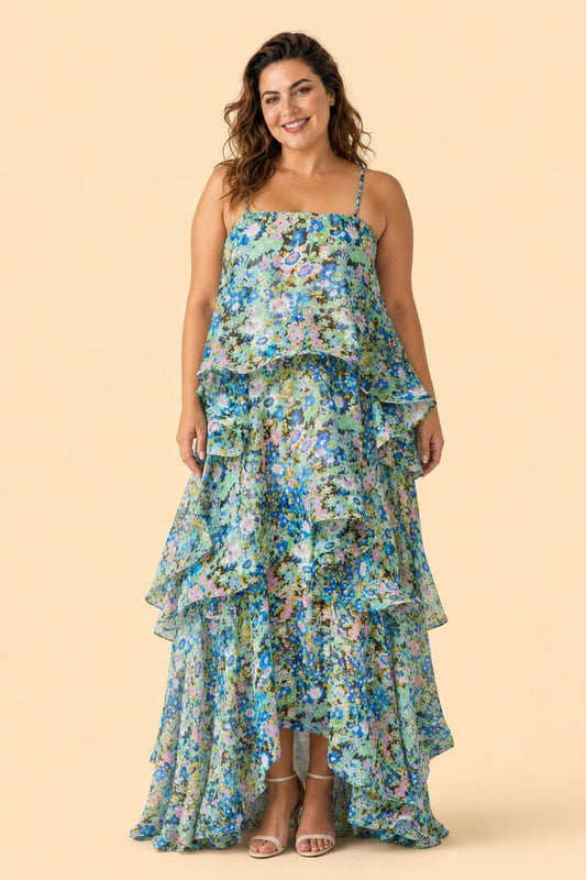 Romantic Floral A-Line Bridesmaid Dress with Flowing Tiered Skirt