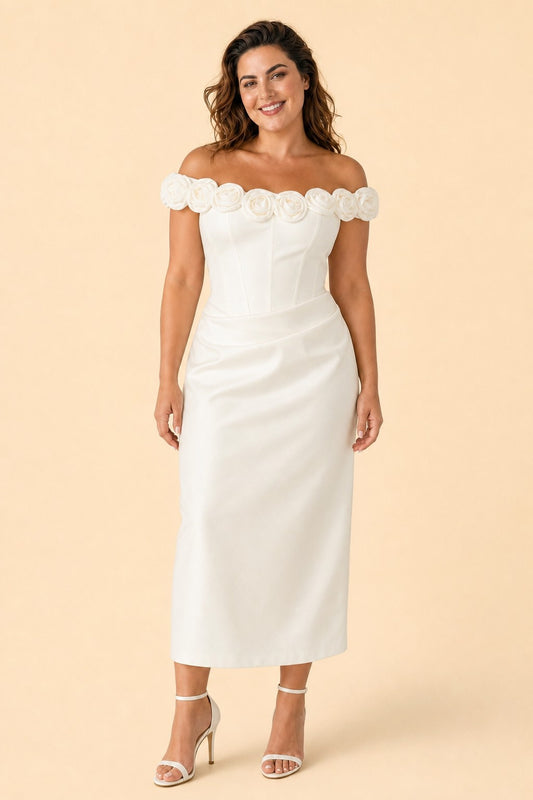 Plus Size Off Shoulder Wedding Dress with 3D Rose Detail and Ruched Fit