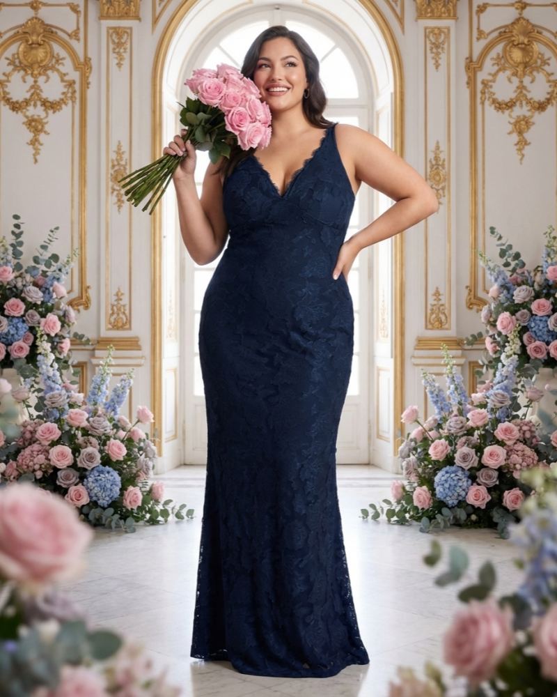 Silvarelle Romantic Plus Size Sheath Lace Bridesmaid Dress with Floral Texture for Wedding -N0351