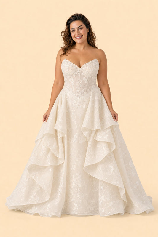 Plus Size Elegant A-Line Wedding Dress with Basque Waist and Floral Lace Details