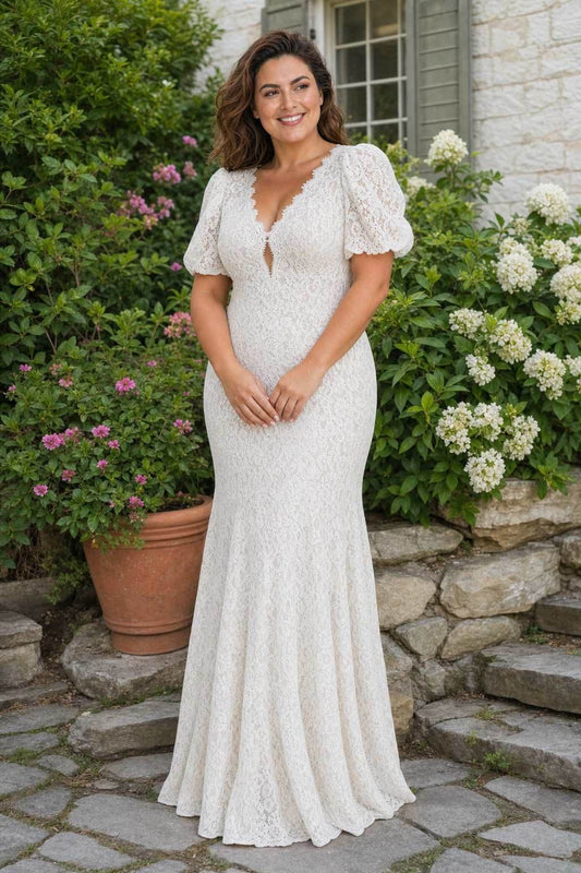 Plus Size Wedding Dress with Lace V Neck and Convertible Puff Sleeves
