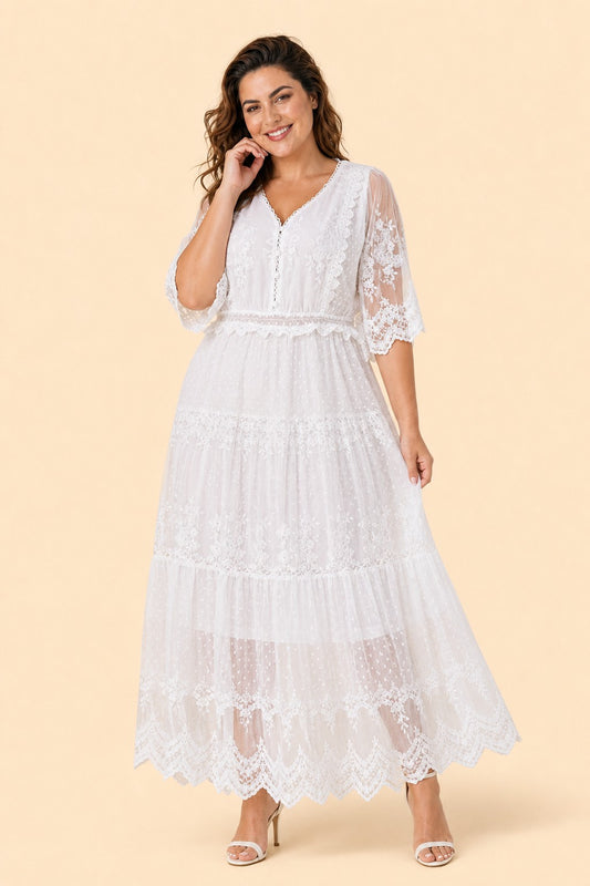 Plus Size Lace Wedding Bridal Gown with A-Line Tulle Skirt and V Neck