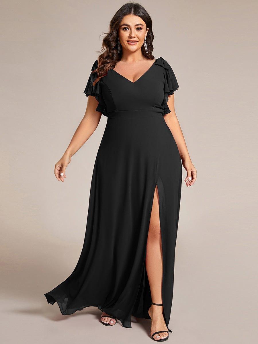 Plus Size Split Ruffles Sleeves with Bowknot Double V-neck Chiffon Bridesmaid Dress