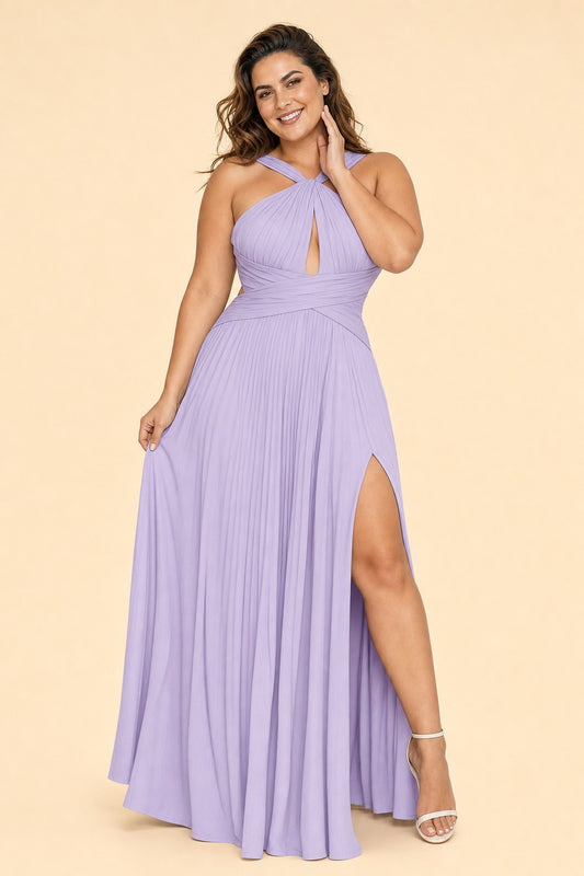 Plus Size Halter Bridesmaid Dress with Pleated Chiffon A-Line Skirt - Open Back and Side Slit