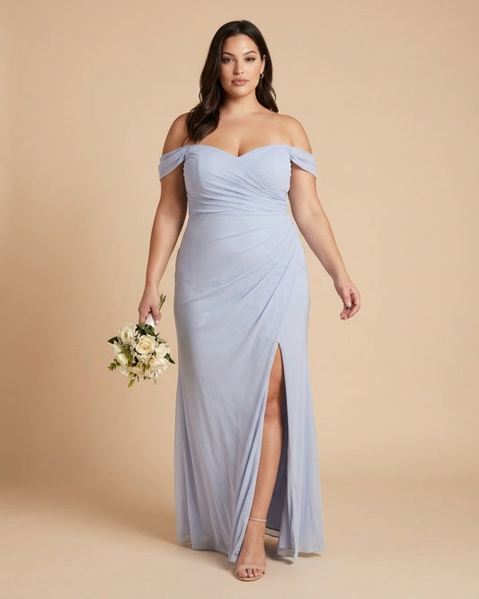 Elanthia Plus Size Romantic Sheath Bridesmaid Dress with Off Shoulder for Wedding -N0347