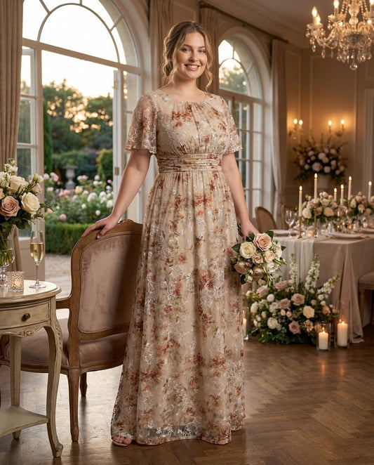Petaline Plus Size Chiffon A-Line Bridesmaid Gown with Short Flutter Sleeves N0326