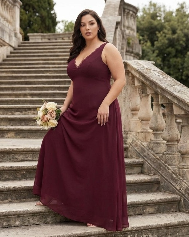 Silvarelle Plus Size Modern Lace Sheath Bridesmaid Dress with Fitted Silhouette for Wedding -N0367