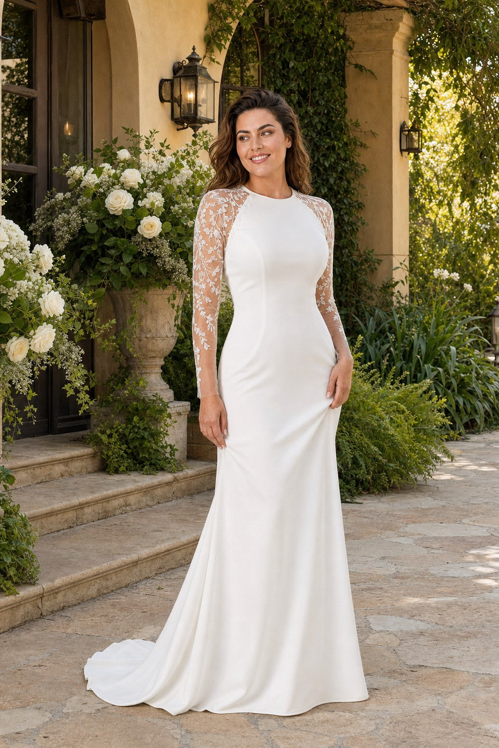 Plus Size Mermaid Wedding Dress with Lace Sleeves and Illusion Back