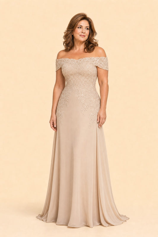 Plus Size Off Shoulder Lace Embroidered A-Line Mother of the Evening Gown Elegant Formal Wear
