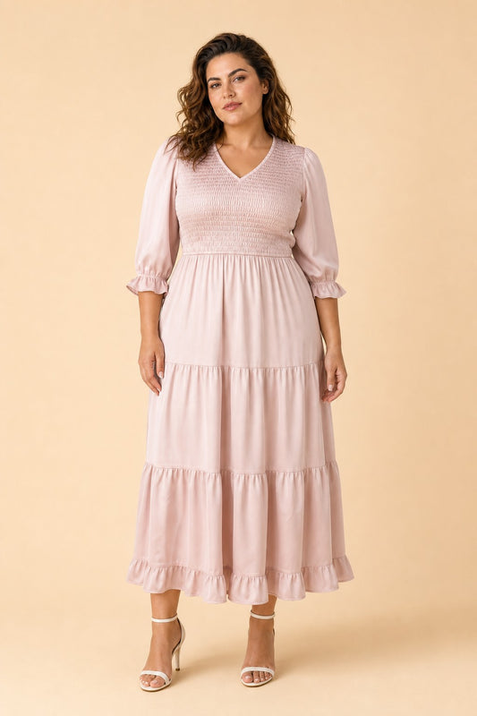 Romantic Plus Size Satin Bridesmaid Dress with Ruffles and Hidden Pockets