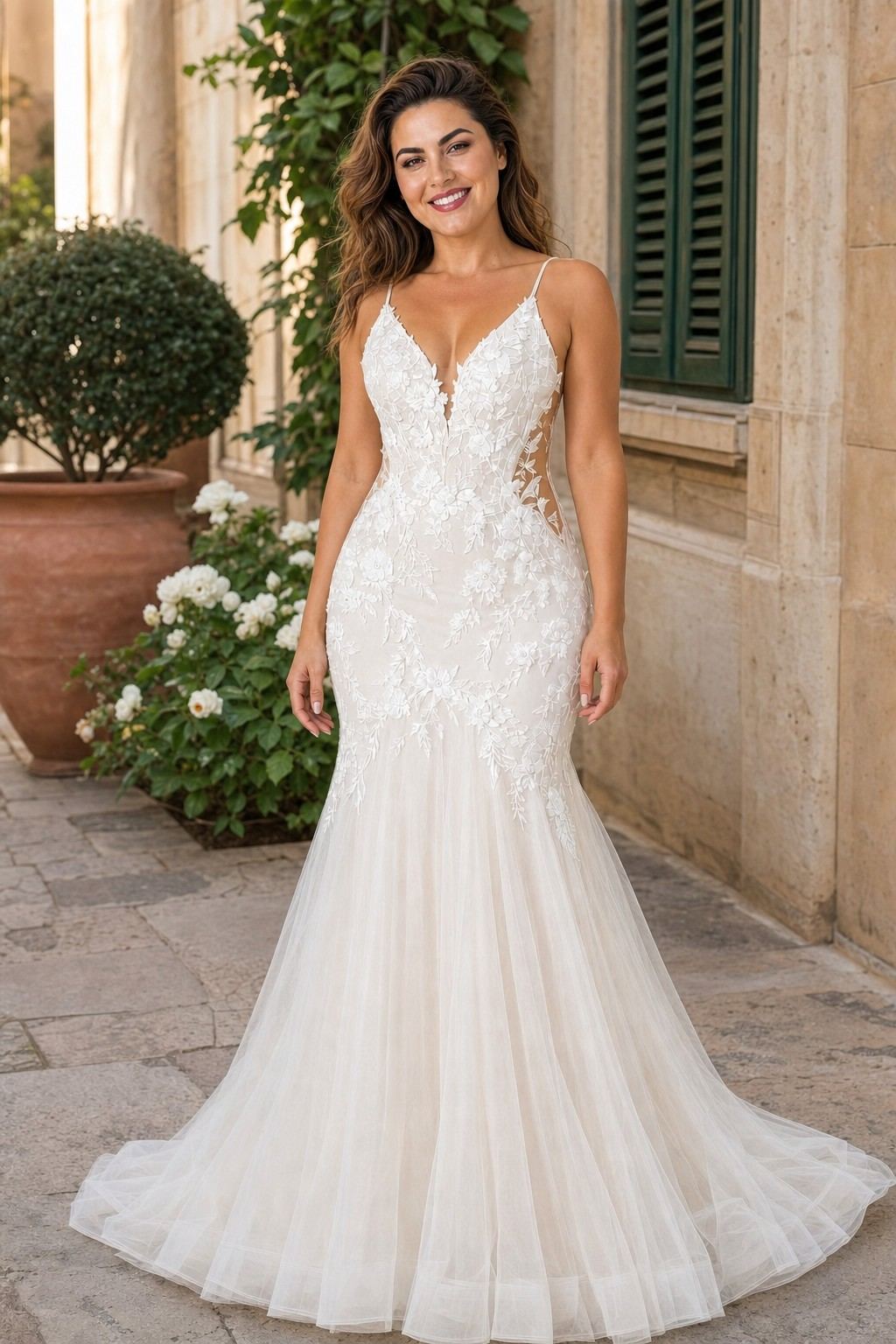 Romantic Plus Size Backless Wedding Dress with Floral Embroidery