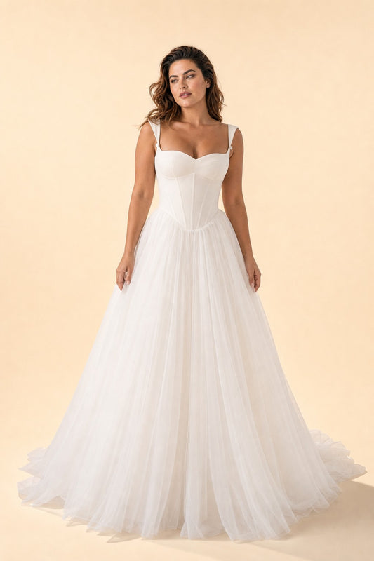 Plus Size A-Line Wedding Dress with Basque Waist and Lace Up Back