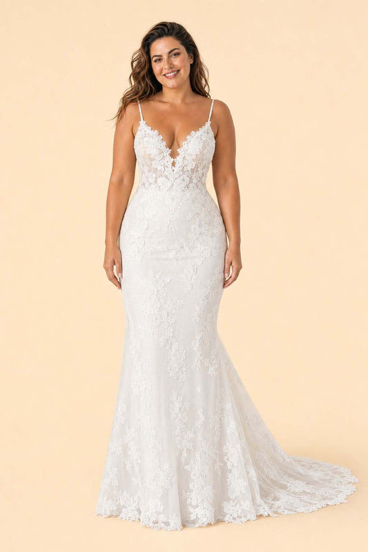 Plus Size Bridal Gown with Lace Appliqué Straps and Elegant Train