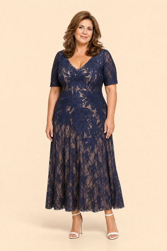 Floral Embroidered A-Line Mother Dress with Lace Detail and Short Sleeves