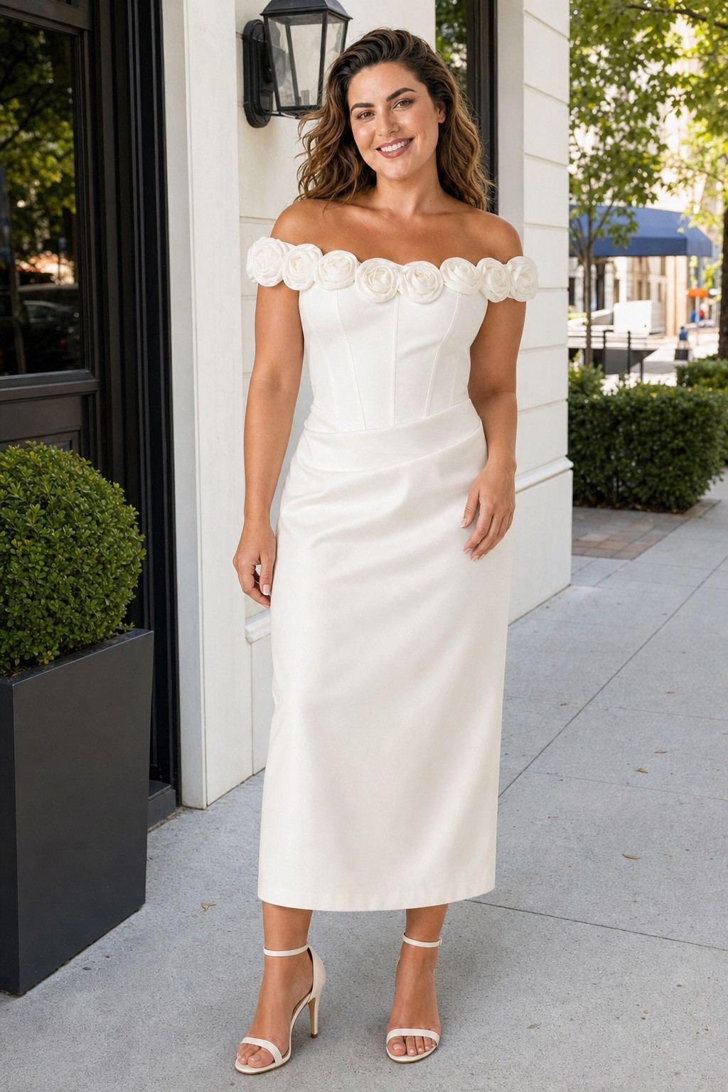 Plus Size Off Shoulder Wedding Dress with 3D Rose Detail and Ruched Fit