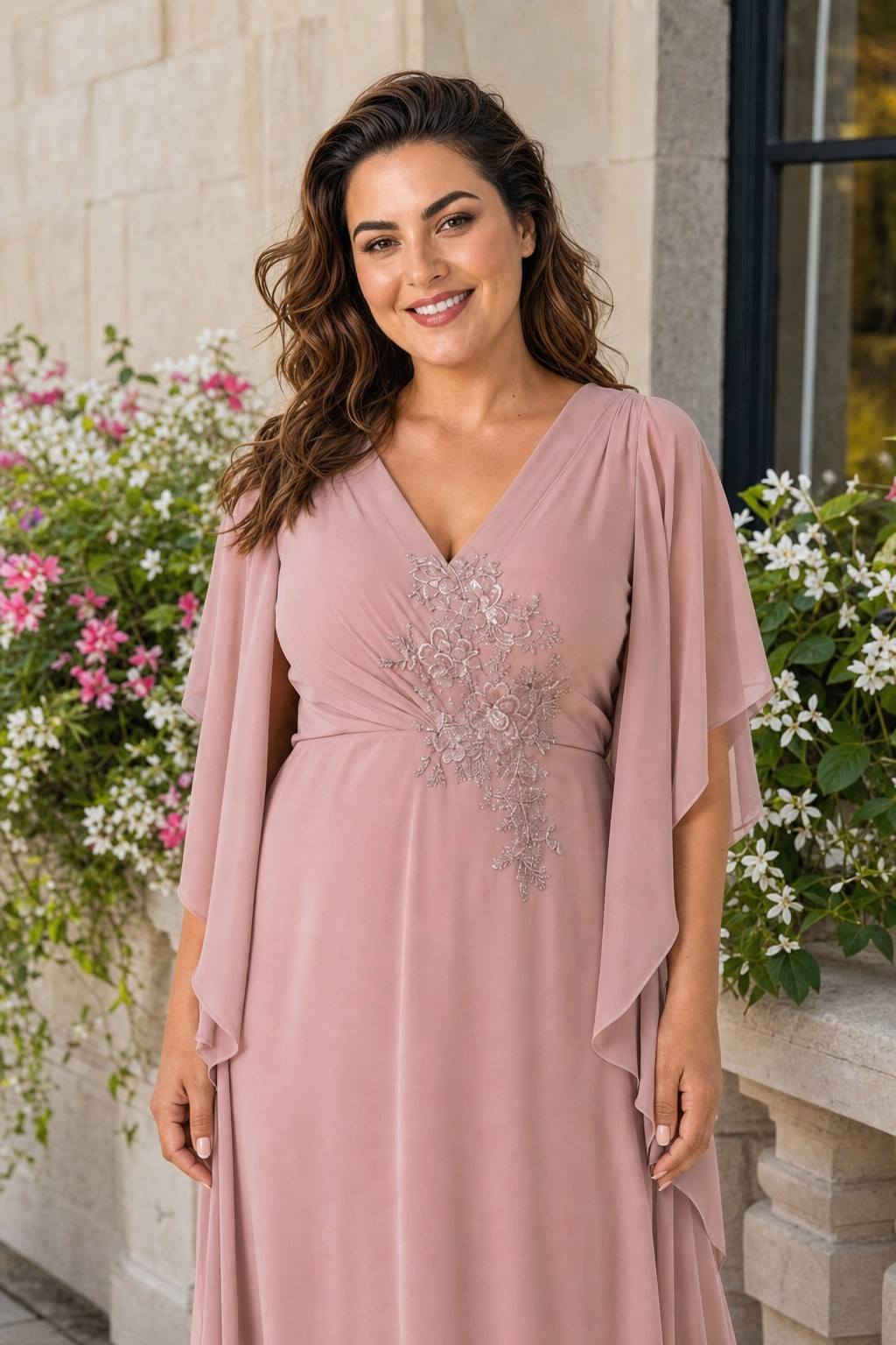 Plus Size Chiffon Bridesmaid Dress with Embroidered Batwing Sleeves