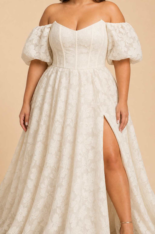 Plus Size Floral Burnout A-Line Wedding Dress with Slit and Off Shoulder Neckline