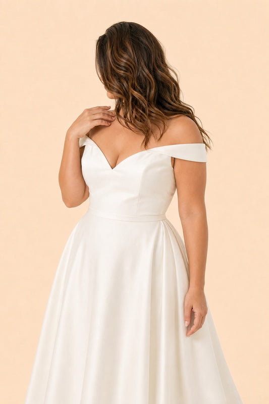 Romantic Off Shoulder Satin Wedding Dress Plus Size with Hidden Pockets