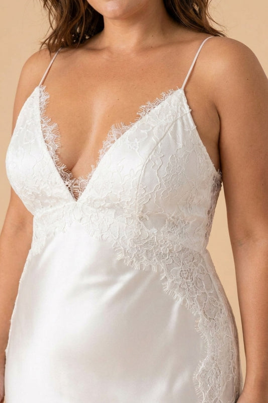 Plus Size V-Neck Wedding Dress with Delicate Lace Applique and Stunning Backless Bridal Gown