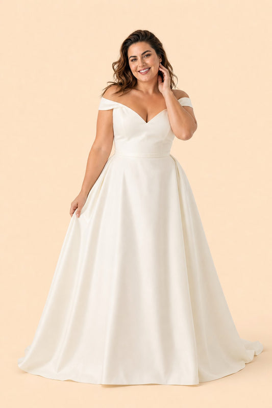 Romantic Off Shoulder Satin Wedding Dress Plus Size with Hidden Pockets