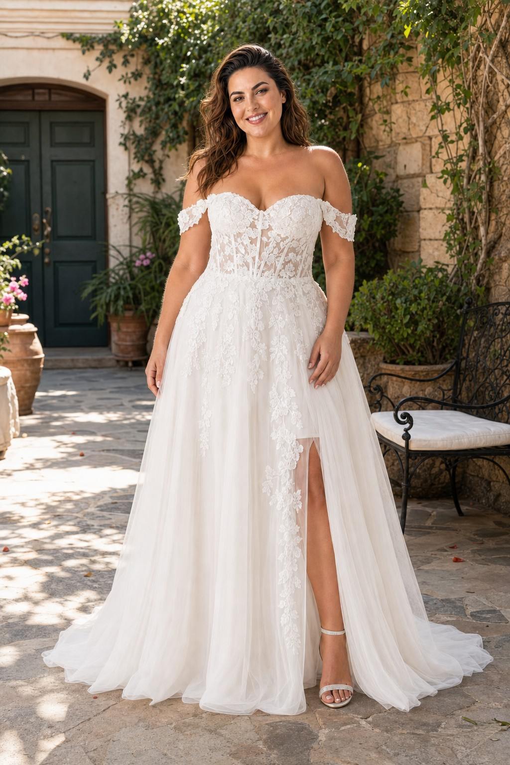 Romantic Off Shoulder Plus Size Wedding Dress Sheer Lace Appliqué A-Line Slit