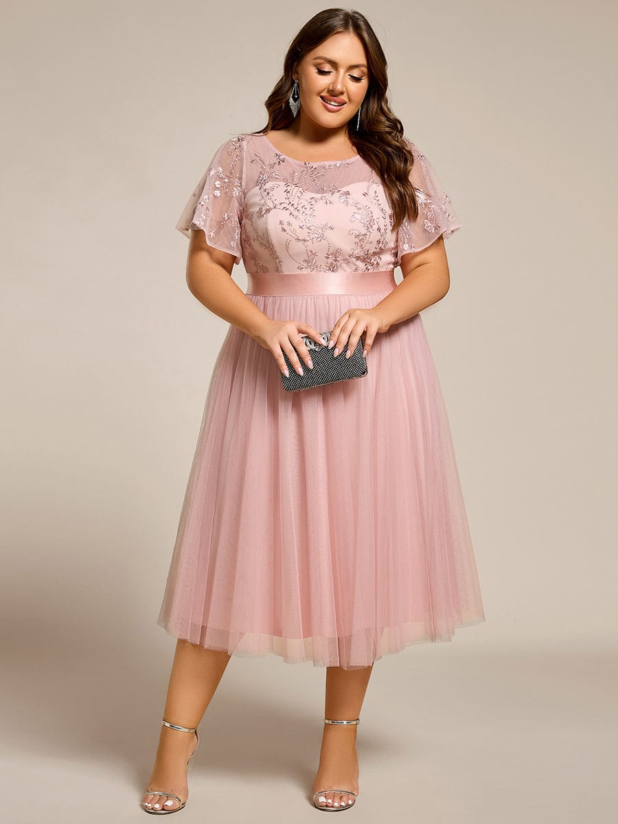 Plus Size Round Neckline Embellished Tulle Midi Bridesmaid Dress