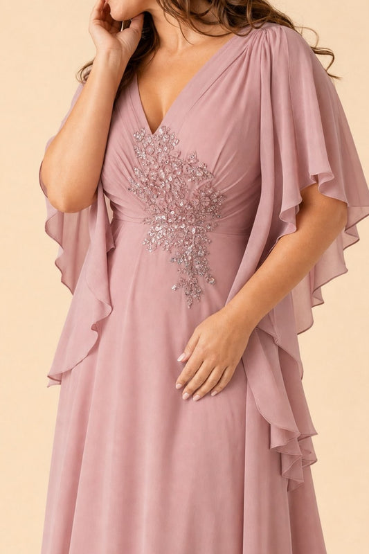 Plus Size Chiffon Bridesmaid Dress with Embroidered Batwing Sleeves