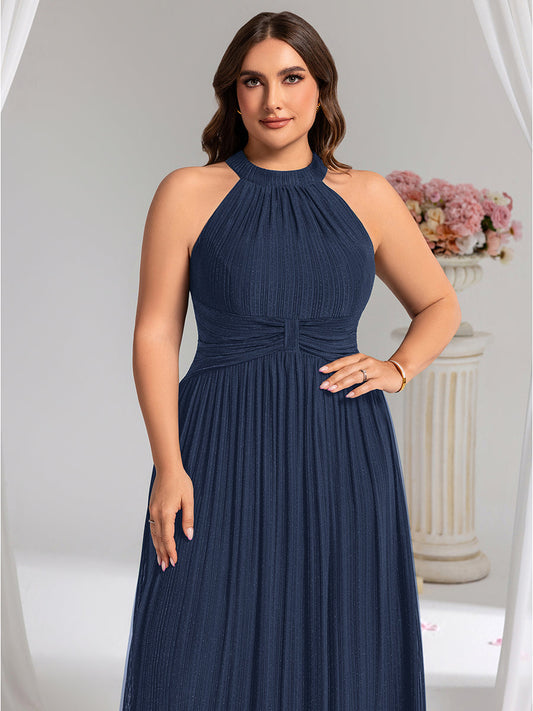 Plus Size Glittery Halter Neck Pleated Formal Evening Dress