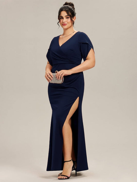 Plus Size Thigh-High SlitTulip Sleeve Formal Dress