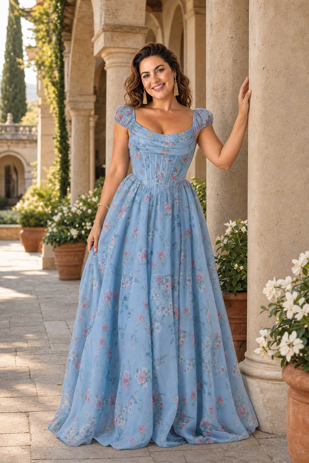 Plus Size Romantic Floral Print Bridesmaid Dress with Basque Waist - Ruched Bodice and Lace-Up Back