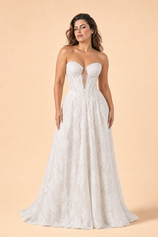 Romantic Strapless Basque Waist A Line Lace Wedding Gown with Lace Up Back for Curvy Brides