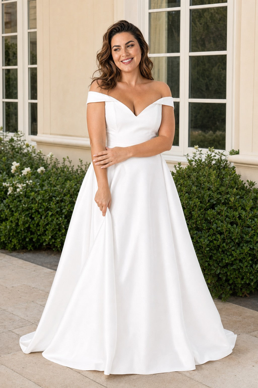 Romantic Off Shoulder Satin Wedding Dress Plus Size with Hidden Pockets