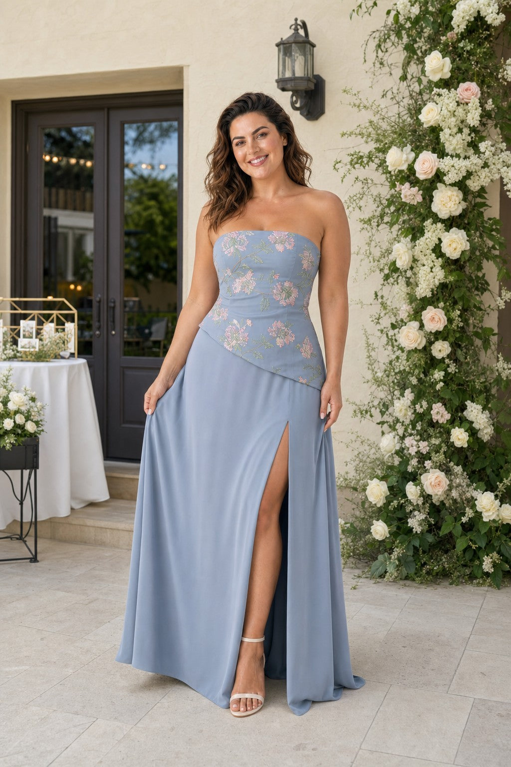 Plus Size Strapless Bridesmaid Dress with Mermaid Silhouette and Embroidered Bodice