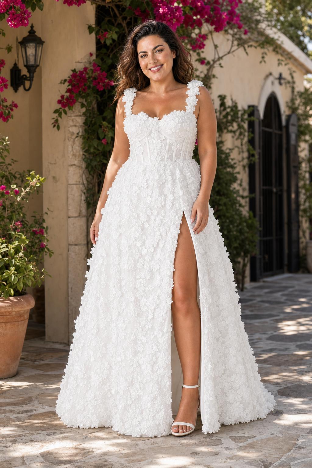 Plus Size Floral A-Line Wedding Dress with Lace-Up Back and High Slit