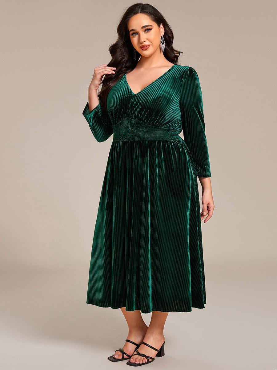 Plus Size Elegant Pleated Velvet Stretchy Tea Length Wedding Guest Dress
