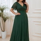 Plus Size V Neck Ribbon Waist Formal Evening Dress With Sleeves