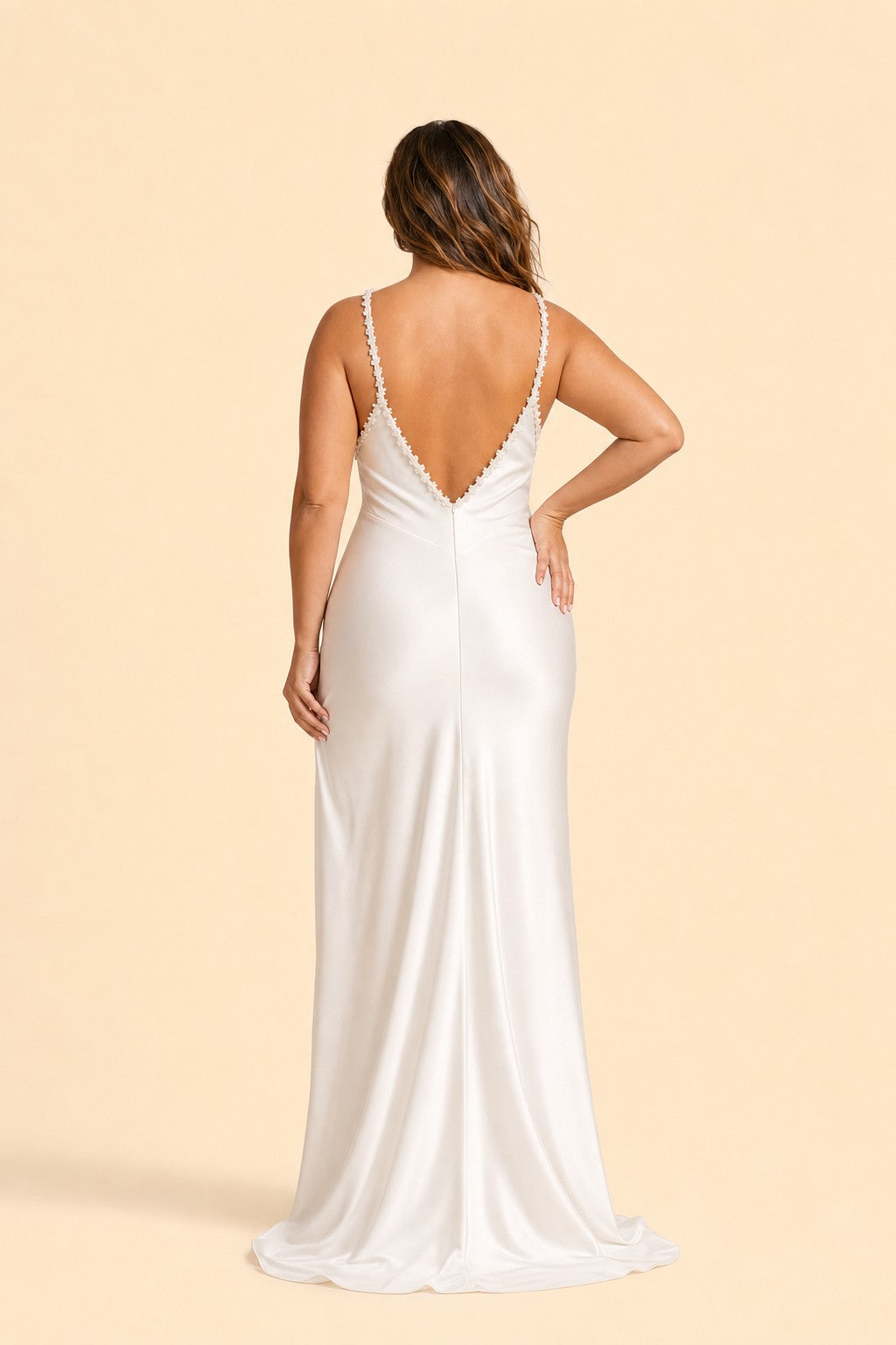 Romantic Ivory Slip Wedding Gown Pleated V Neck Lace Trim Open Back Design
